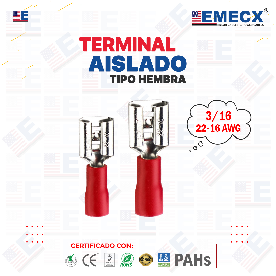 TERMINAL 3/16" TIPO HEMBRA ROJO (22-16 AWG) - AISLADO