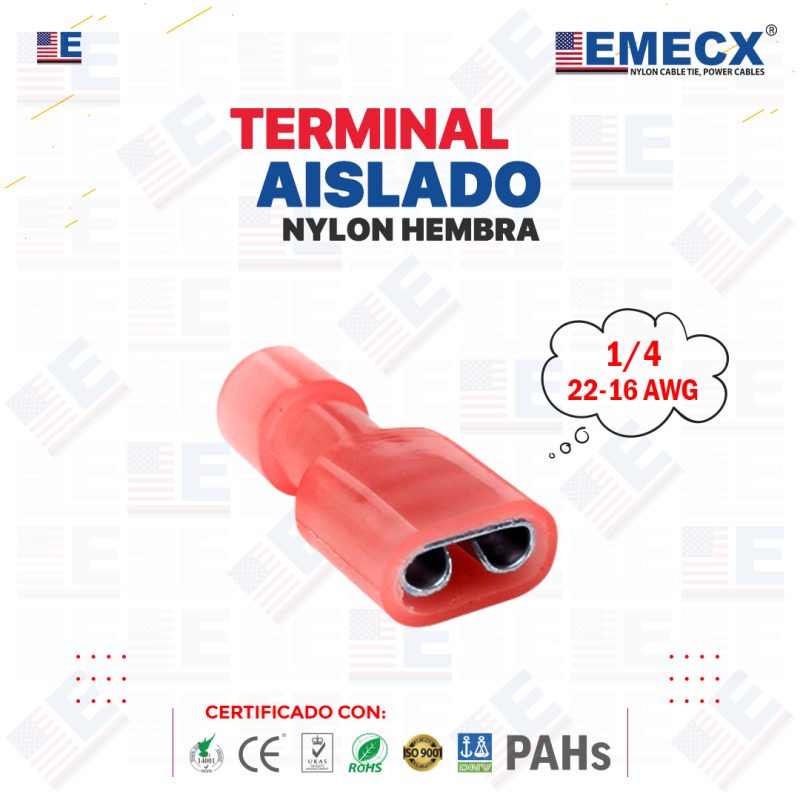 TERMINAL NYLON TIPO HEMBRA 1/4" ROJO (22-16 AWG)