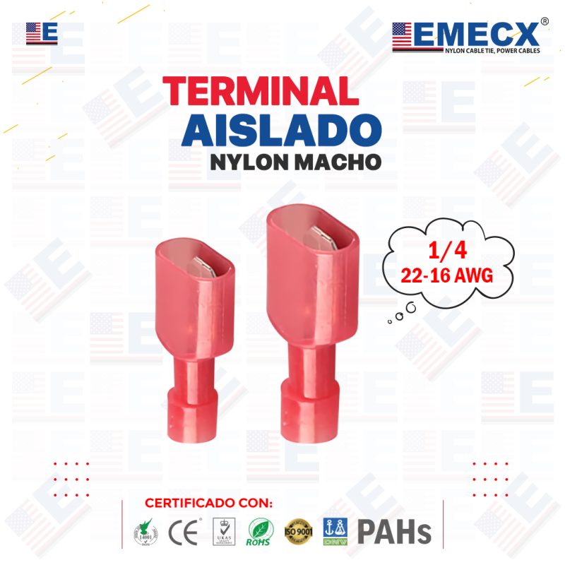 TERMINAL AISLADO NYLON MACHO 1/4" ROJO