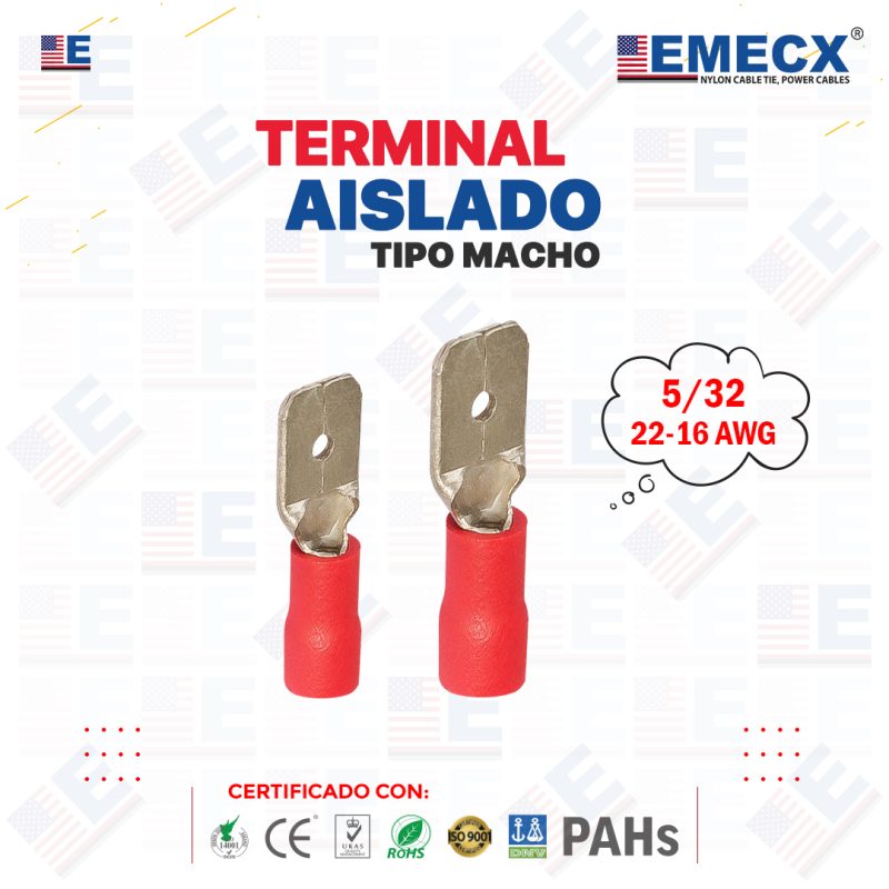 TERMINAL MACHO 5/32" AISLADO (22-16 AWG) ROJO